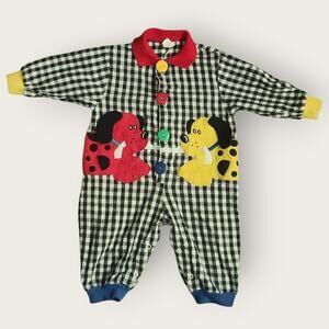 Buster Brown Romper Infants Sz 12M Plaid Button Up/ Snap Plaid Dogs 90's VTG